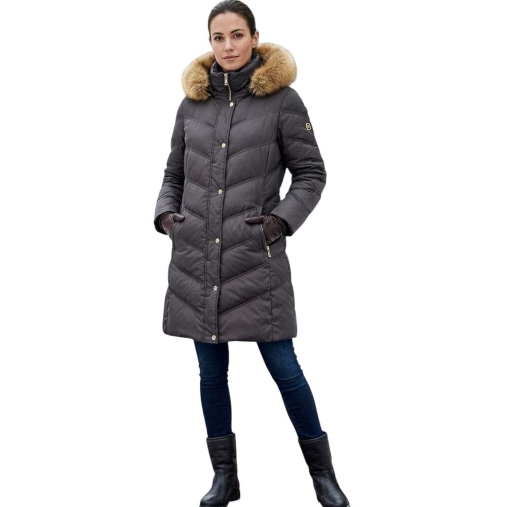 Michael Kors Charcoal Grey Chevron Down Puffer Coat Faux Fur Hood Trim XL